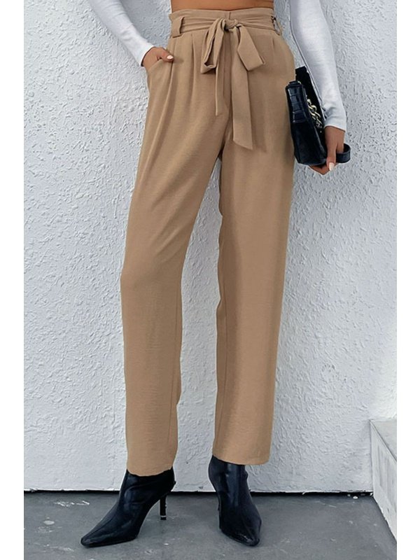 Belted Straight Leg Pants with Pockets Pants LoveAdora