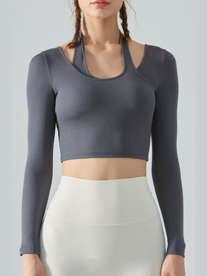 Halter Neck Long Sleeve Cropped Sports Top Activewear LoveAdora