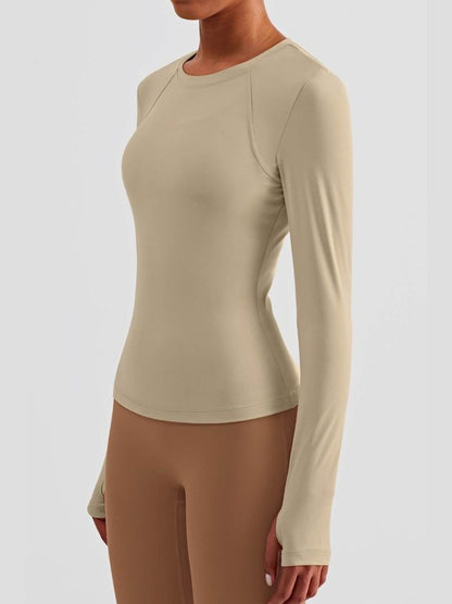 Round Neck Thumbhole Sleeve Sports Top Activewear LoveAdora