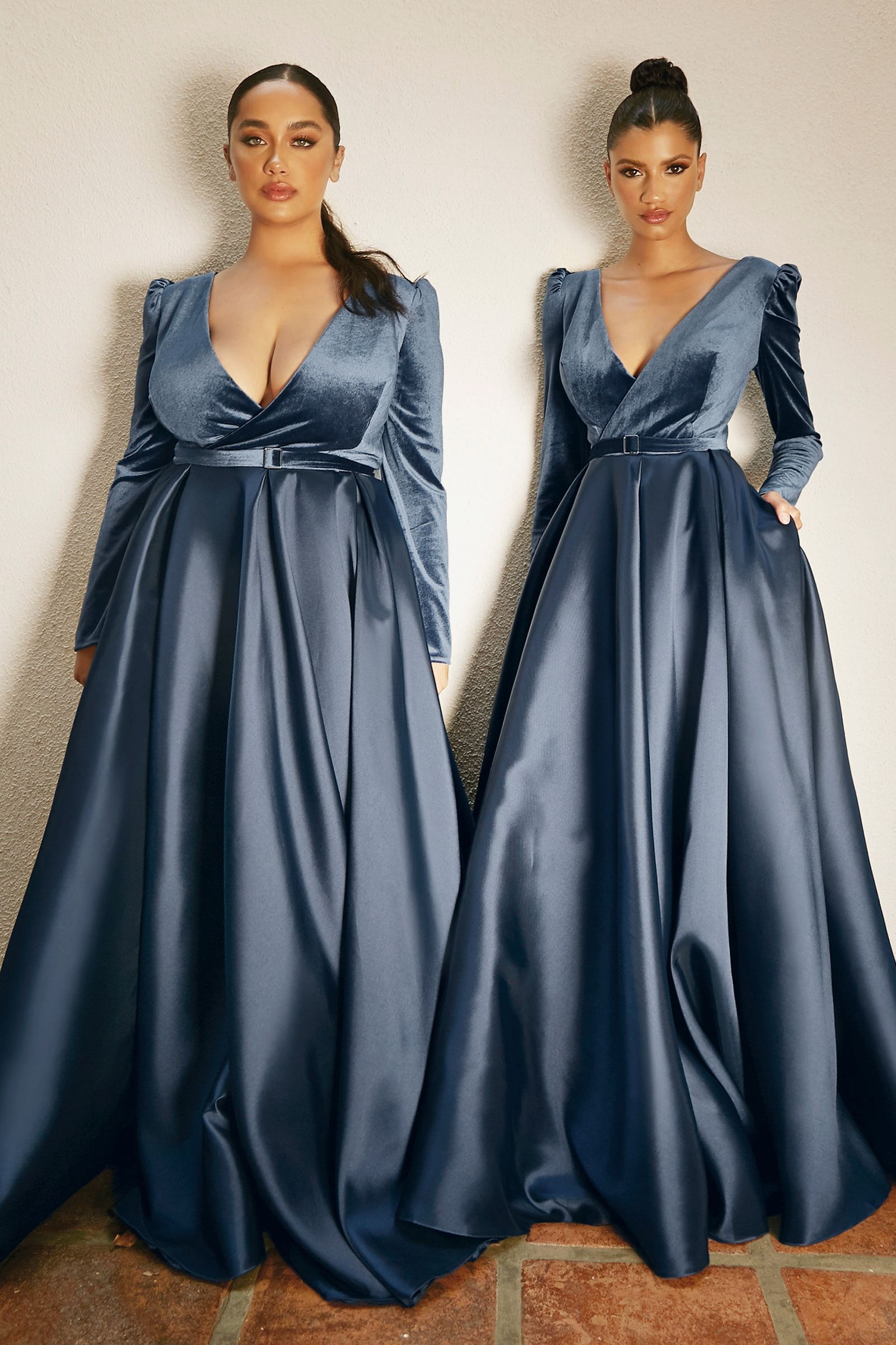 Velvet Long sleeves V-neck Fitted Bodice A-line Trendy Plus Size Ball & Prom Dress CDCD226-0