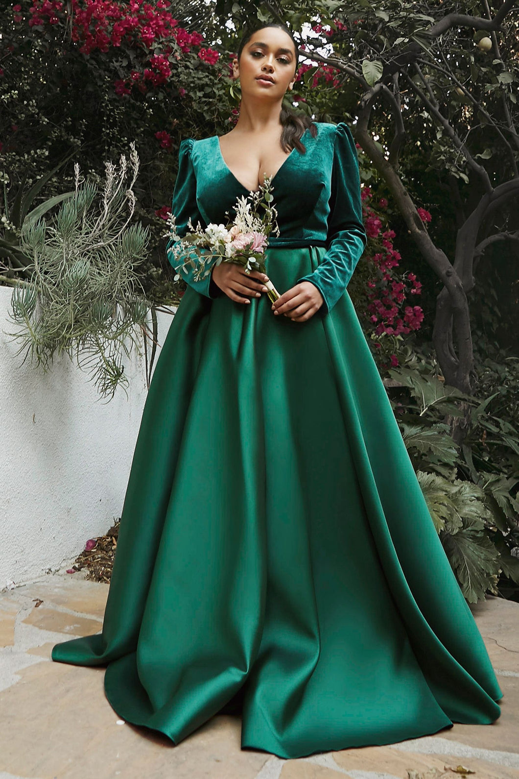 Velvet Long sleeves V-neck Fitted Bodice A-line Trendy Plus Size Ball & Prom Dress CDCD226-1