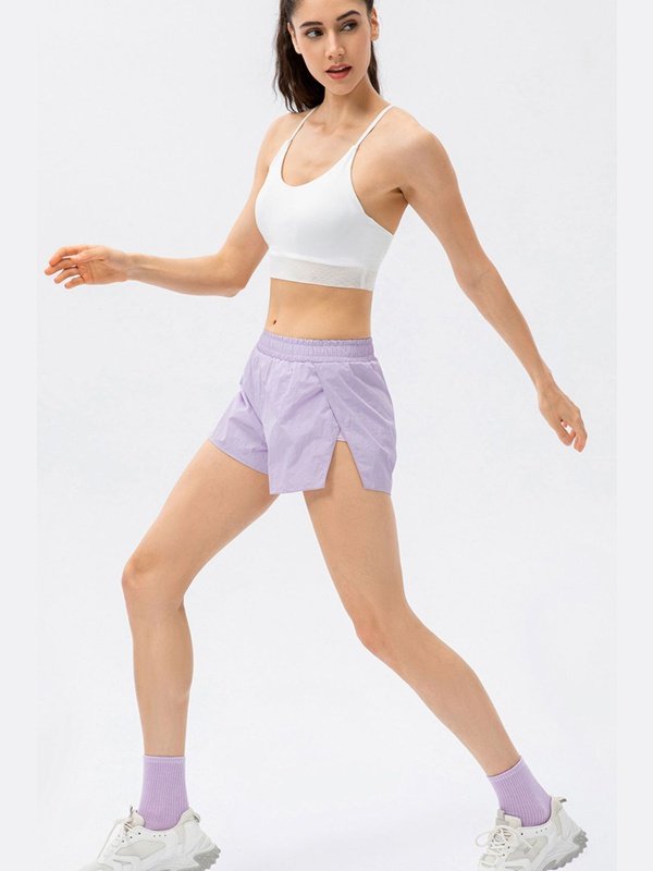 Elastic Waist Slit Faux Layered Sports Shorts Activewear LoveAdora