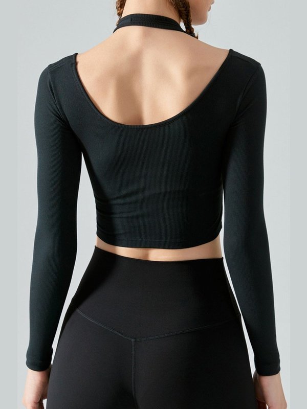 Halter Neck Long Sleeve Cropped Sports Top Activewear LoveAdora