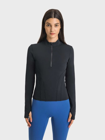 Half Zip Thumbhole Sleeve Sports Top Activewear LoveAdora