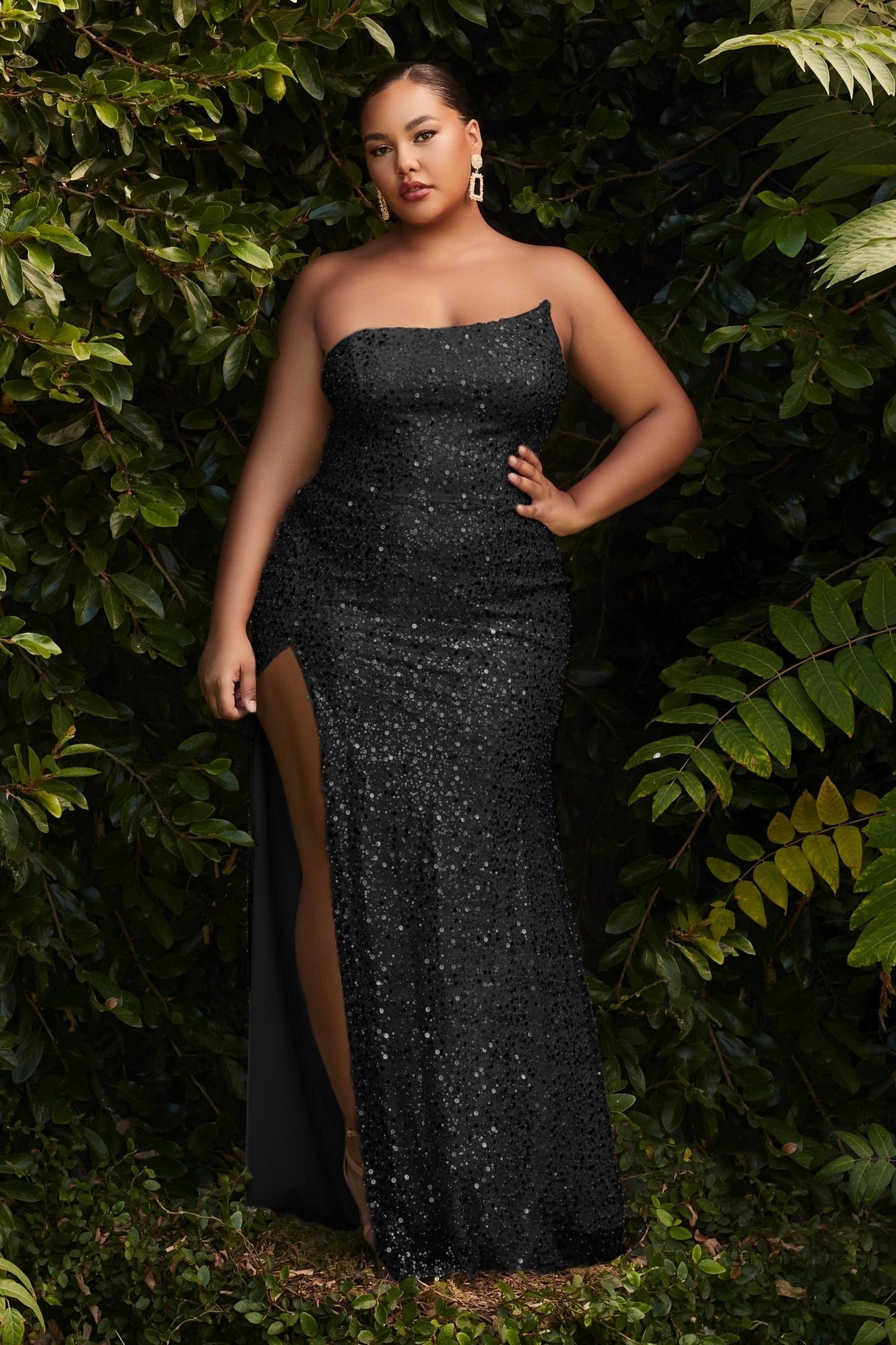 Fitted Assymetrical Glittery Curve Luxe Embellished with sequins Plus Size with High Leg Slit Prom & Bridesmaid Dress CDCH165C-0
