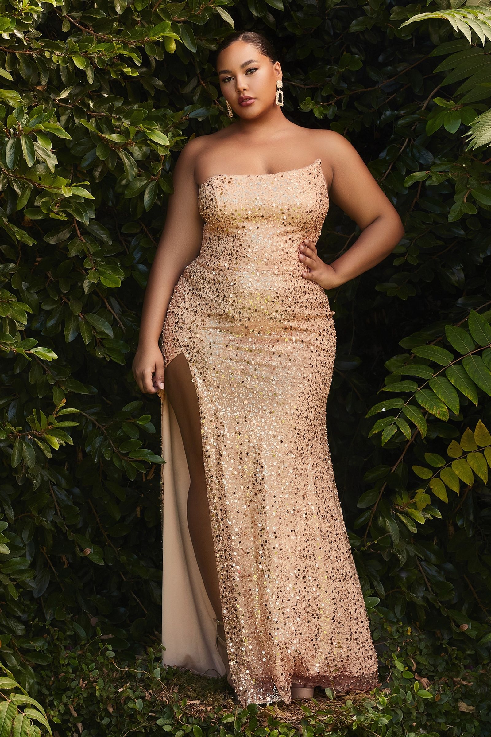 Fitted Assymetrical Glittery Curve Luxe Embellished with sequins Plus Size with High Leg Slit Prom & Bridesmaid Dress CDCH165C-3