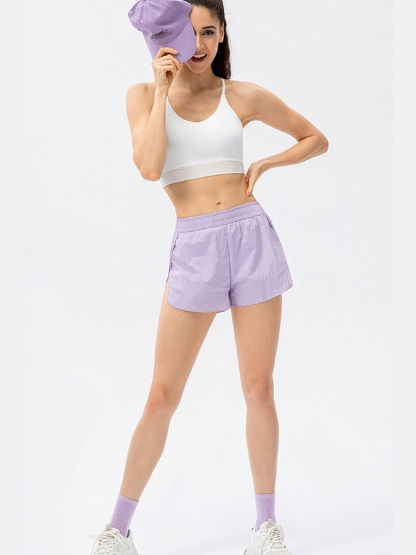 Elastic Waist Slit Faux Layered Sports Shorts Activewear LoveAdora