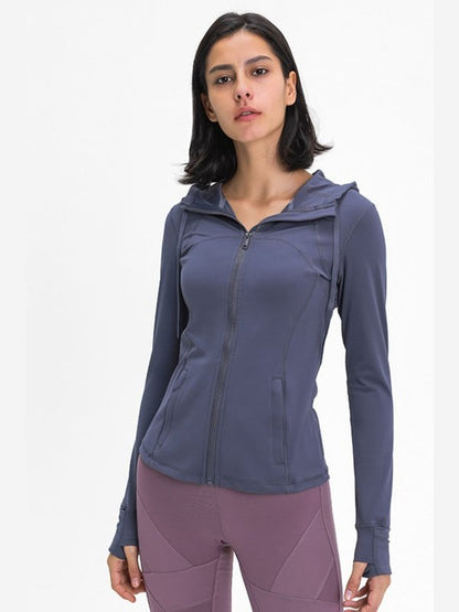 Zip Up Drawstring Detail Hooded Sports Jacket Activewear LoveAdora