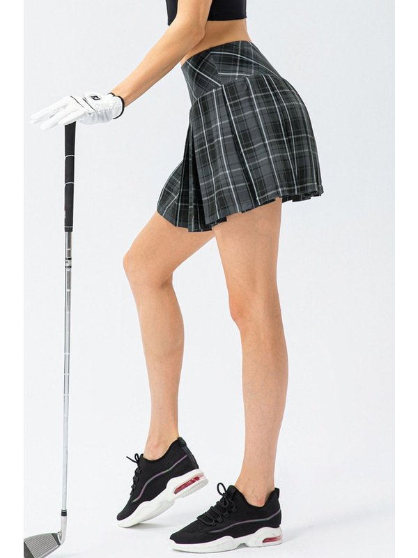 Plaid Pleated Athletic Skort with Pockets Activewear LoveAdora