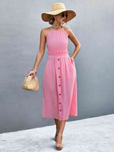 Load image into Gallery viewer, Buttoned Halter Neck Frill Trim Midi Dress