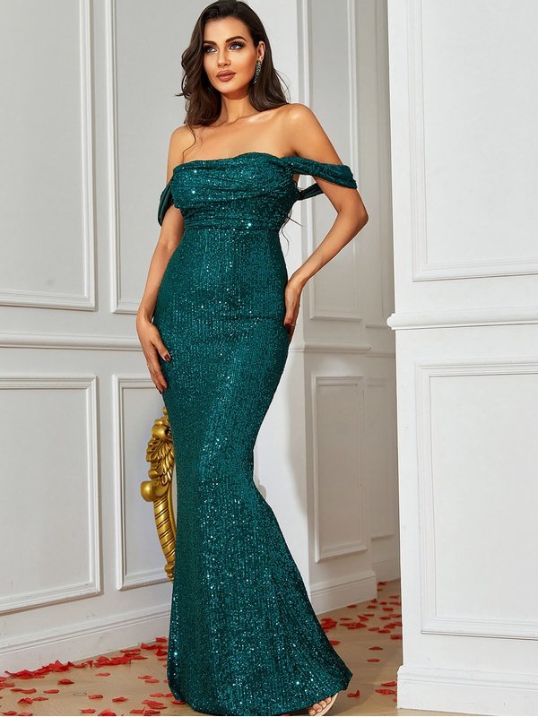 Sequin Off-Shoulder Fishtail Dress Evening Gown LoveAdora
