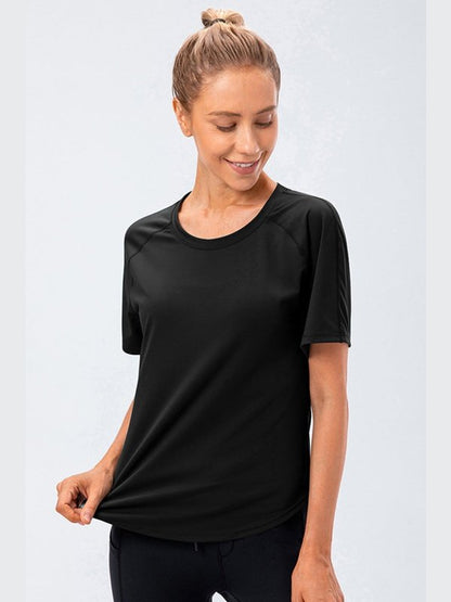 Curved Hem Raglan Sleeve Athletic T-Shirt Activewear LoveAdora