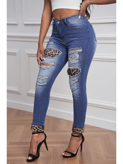 Leopard Patchwork Distressed Jeans Denim Jeans LoveAdora