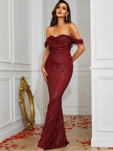 Sequin Off-Shoulder Fishtail Dress Evening Gown LoveAdora