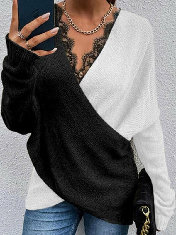 Colorblock Contrast Lace V-Neck Wrap Ribbed Tops Women Sweater LoveAdora