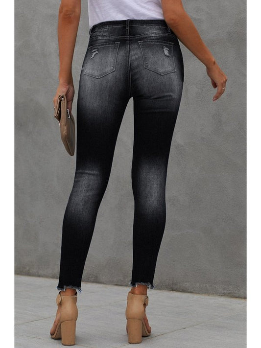 Button Fly Hem Detail Ankle-Length Skinny Jeans Denim Jeans LoveAdora