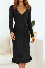 Load image into Gallery viewer, Ribbed V-Neck Tie Waist Pencil Dress