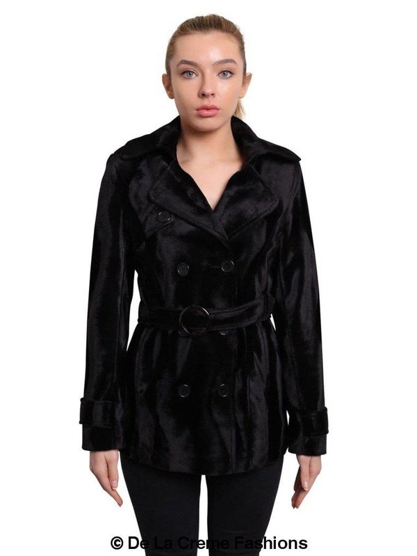 De La Creme - Women's Luxury Black Ponyskin Double Breasted Short Coat Jackets & Coats LoveAdora