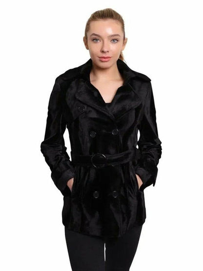 De La Creme - Women's Luxury Black Ponyskin Double Breasted Short Coat Jackets & Coats LoveAdora