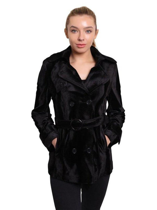 De La Creme - Women's Luxury Black Ponyskin Double Breasted Short Coat Jackets & Coats LoveAdora
