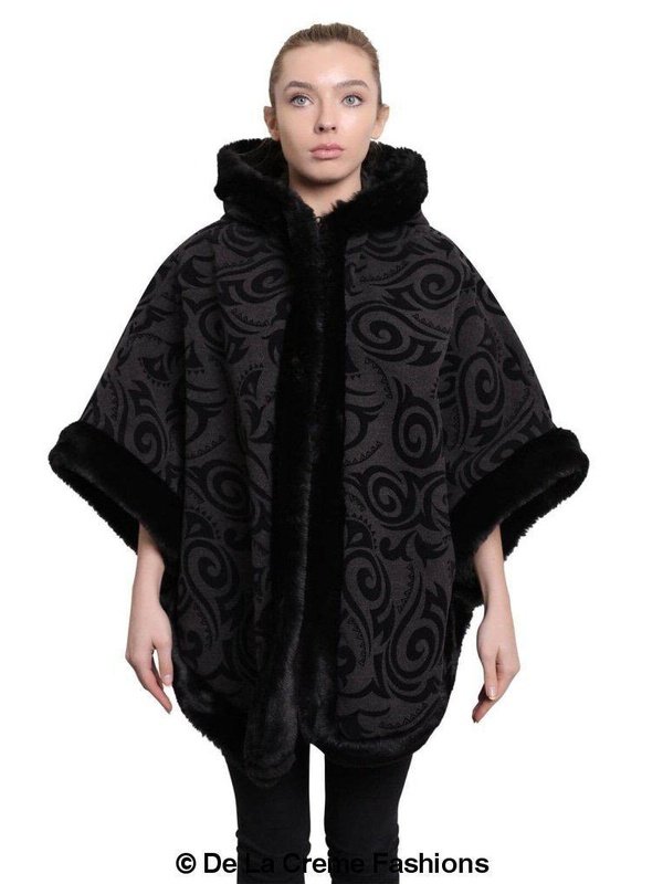 De La Creme - Women's Tribal Print Fur Lined Hooded Cape Jackets & Coats LoveAdora