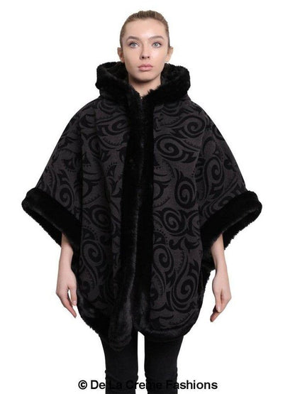 De La Creme - Women's Tribal Print Fur Lined Hooded Cape Jackets & Coats LoveAdora