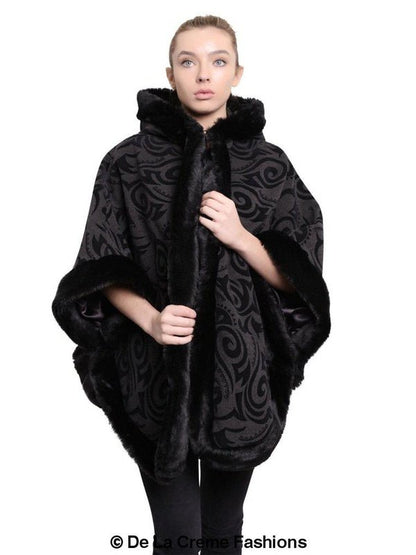 De La Creme - Women's Tribal Print Fur Lined Hooded Cape Jackets & Coats LoveAdora