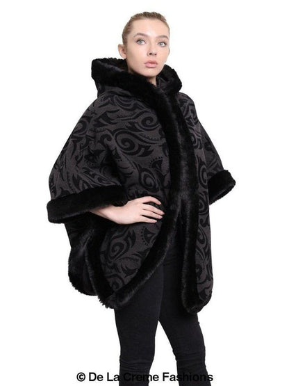 De La Creme - Women's Tribal Print Fur Lined Hooded Cape Jackets & Coats LoveAdora