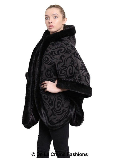 De La Creme - Women's Tribal Print Fur Lined Hooded Cape Jackets & Coats LoveAdora