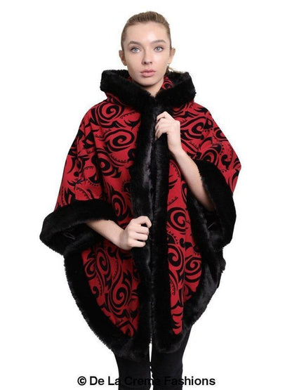 De La Creme - Women's Tribal Print Fur Lined Hooded Cape Jackets & Coats LoveAdora