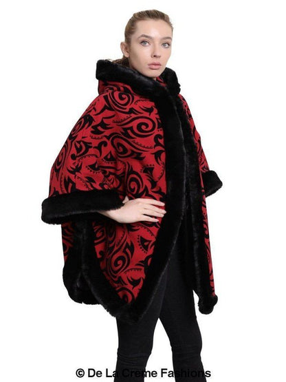 De La Creme - Women's Tribal Print Fur Lined Hooded Cape Jackets & Coats LoveAdora