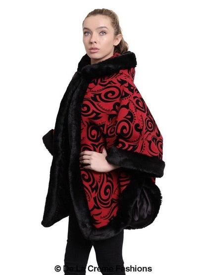 De La Creme - Women's Tribal Print Fur Lined Hooded Cape Jackets & Coats LoveAdora