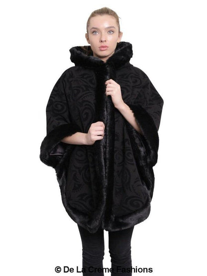 De La Creme - Women's Tribal Print Fur Lined Hooded Cape Jackets & Coats LoveAdora