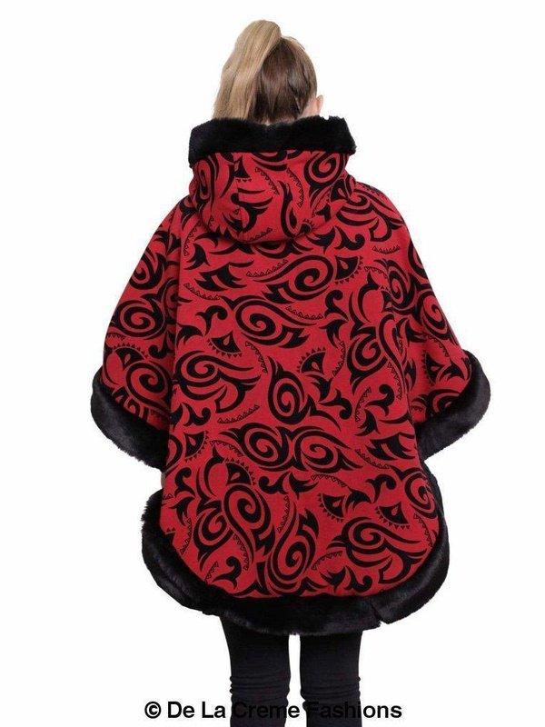 De La Creme - Women's Tribal Print Fur Lined Hooded Cape Jackets & Coats LoveAdora