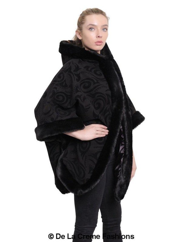 De La Creme - Women's Tribal Print Fur Lined Hooded Cape Jackets & Coats LoveAdora