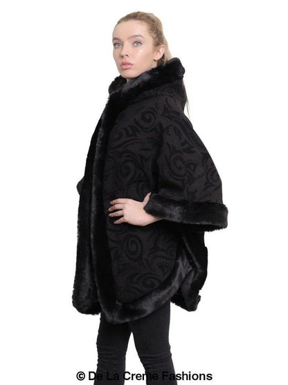 De La Creme - Women's Tribal Print Fur Lined Hooded Cape Jackets & Coats LoveAdora