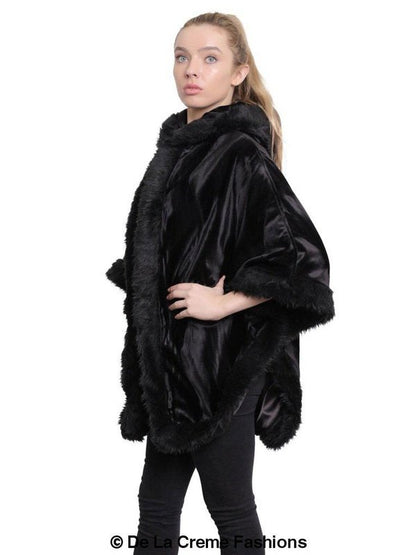 De La Creme - Women's Tribal Print Fur Lined Hooded Cape Jackets & Coats LoveAdora