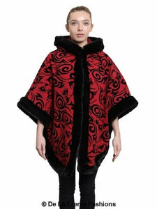 De La Creme - Women's Tribal Print Fur Lined Hooded Cape Jackets & Coats LoveAdora