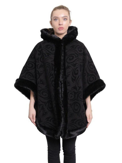 De La Creme - Women's Tribal Print Fur Lined Hooded Cape Jackets & Coats LoveAdora