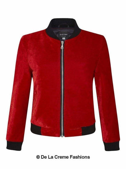 De La Creme - Womens Velvet Zip-Thru Varsity Bomber Jacket Jackets & Coats LoveAdora