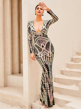 Load image into Gallery viewer, Sequin Long Sleeve Deep V Fishtail Dress Evening Gown LoveAdora