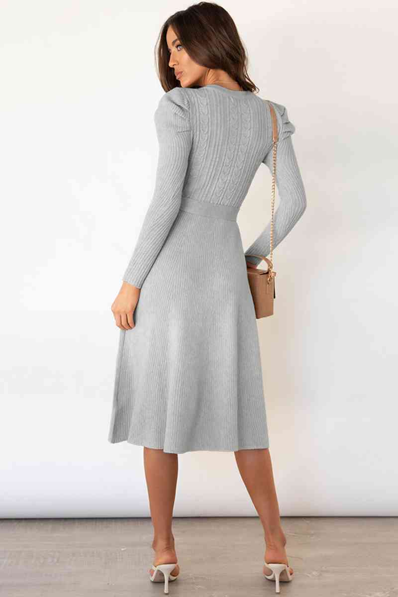 Round Neck Long Sleeve Tie Waist Sweater Dress