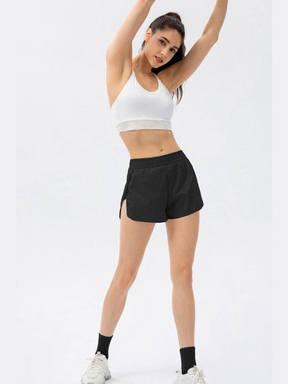 Elastic Waist Slit Faux Layered Sports Shorts Activewear LoveAdora