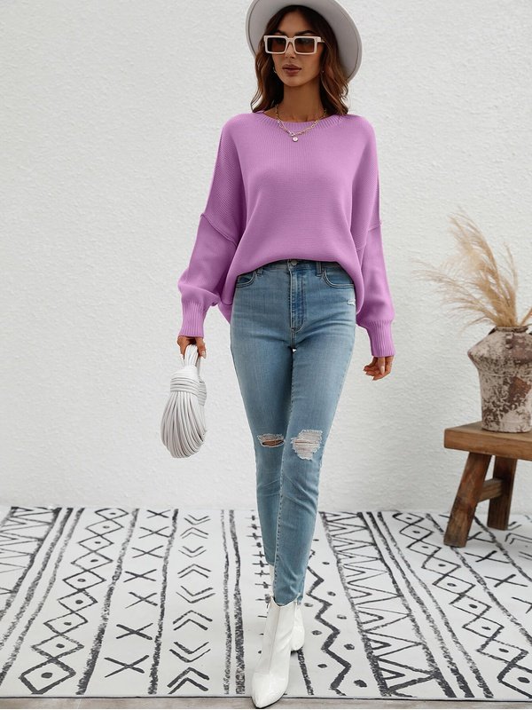 Exposed Seam Dropped Shoulder Slit Sweater Sweaters, Pullovers, Jumpers, Turtlenecks, Boleros, Shrugs LoveAdora