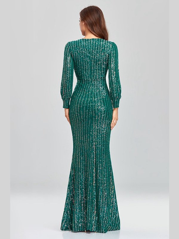 Sequin Puff Sleeve Plunge Fishtail Dress Evening Gown LoveAdora