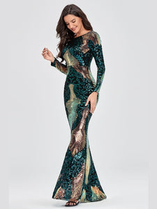 Contrast Sequin Open Back Long Sleeve Fishtail Dress Evening Gown LoveAdora