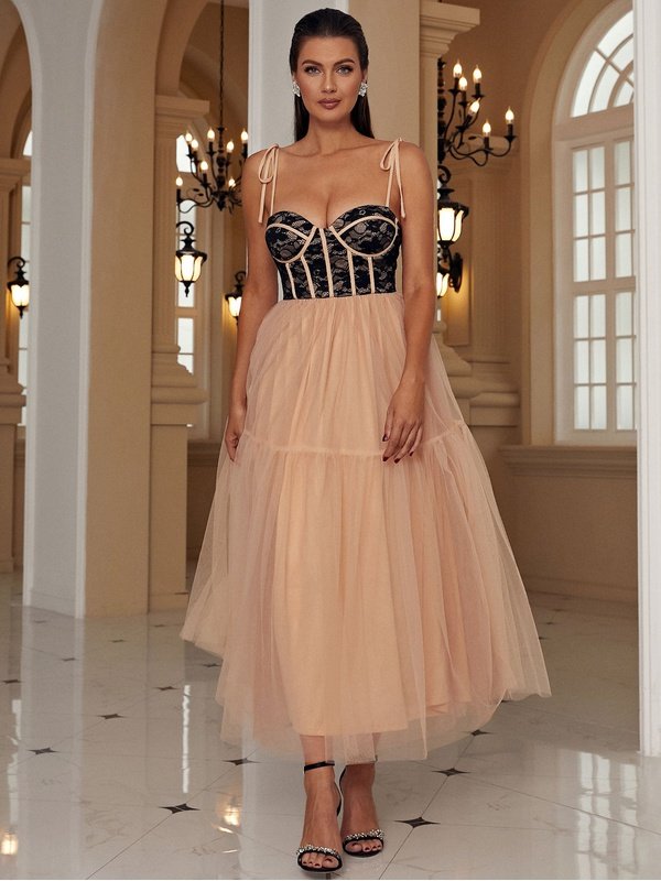 Two-Tone Tie-Shoulder Spliced Tulle Dress Evening Gown LoveAdora
