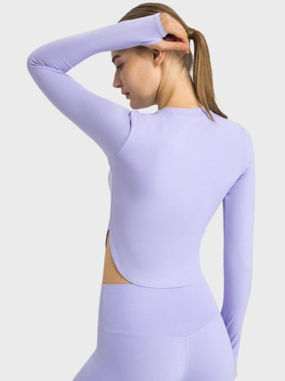 Side Slit Long Sleeve Round Neck Crop Top Activewear LoveAdora