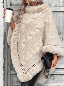 Faux Fur Trim Cable-Knit Poncho Ponchos LoveAdora