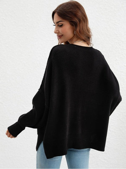 Exposed Seam Dropped Shoulder Slit Sweater Sweaters, Pullovers, Jumpers, Turtlenecks, Boleros, Shrugs LoveAdora